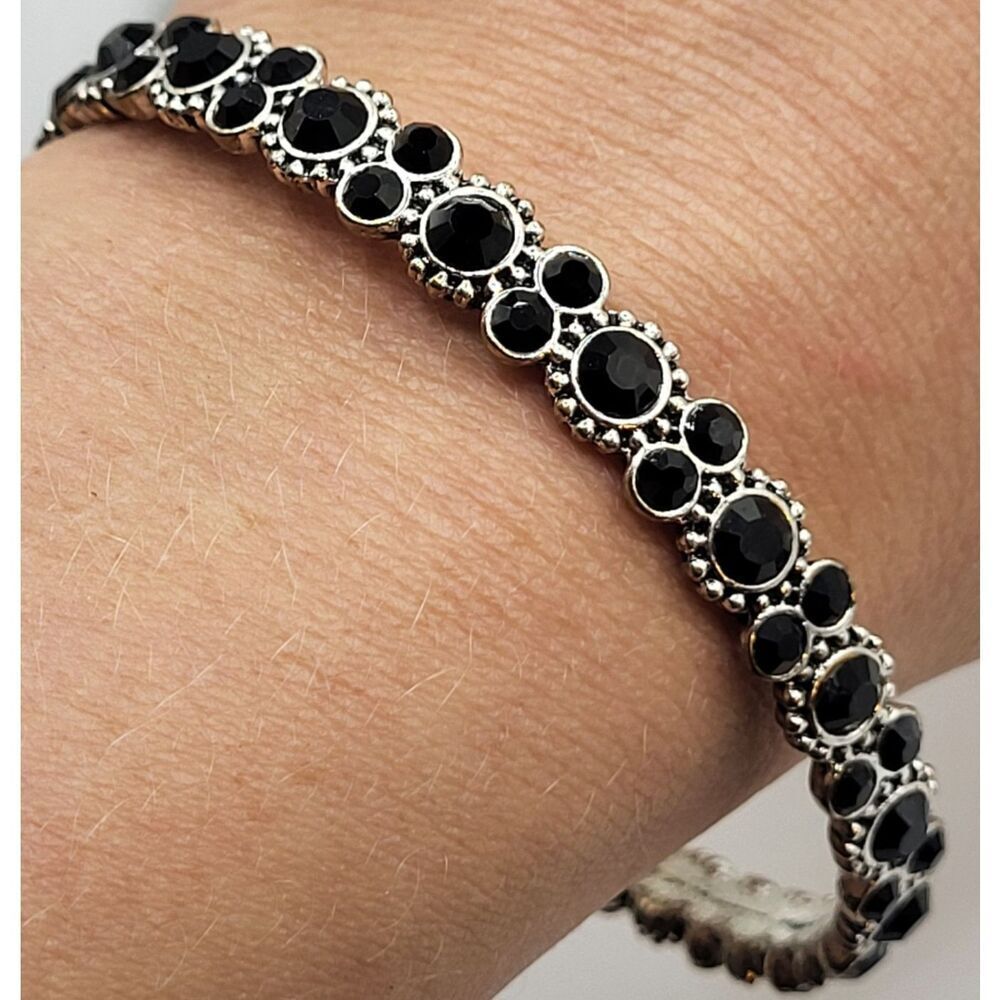 Bohemian Silvertone Black stone Bangle Bracelet 2.6in